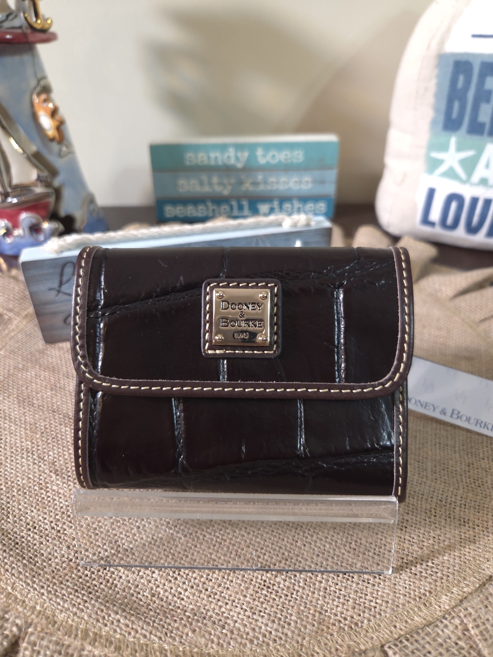 Dooney & Bourke Dark Brown Croc-Embossed Leather Wallet with Gold Logo Plate